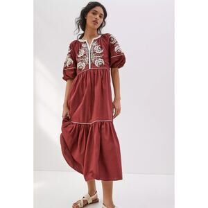 Anthropologie Gretel Embroidered Maxi Dress Medium P  Embroidery Tiered Boho